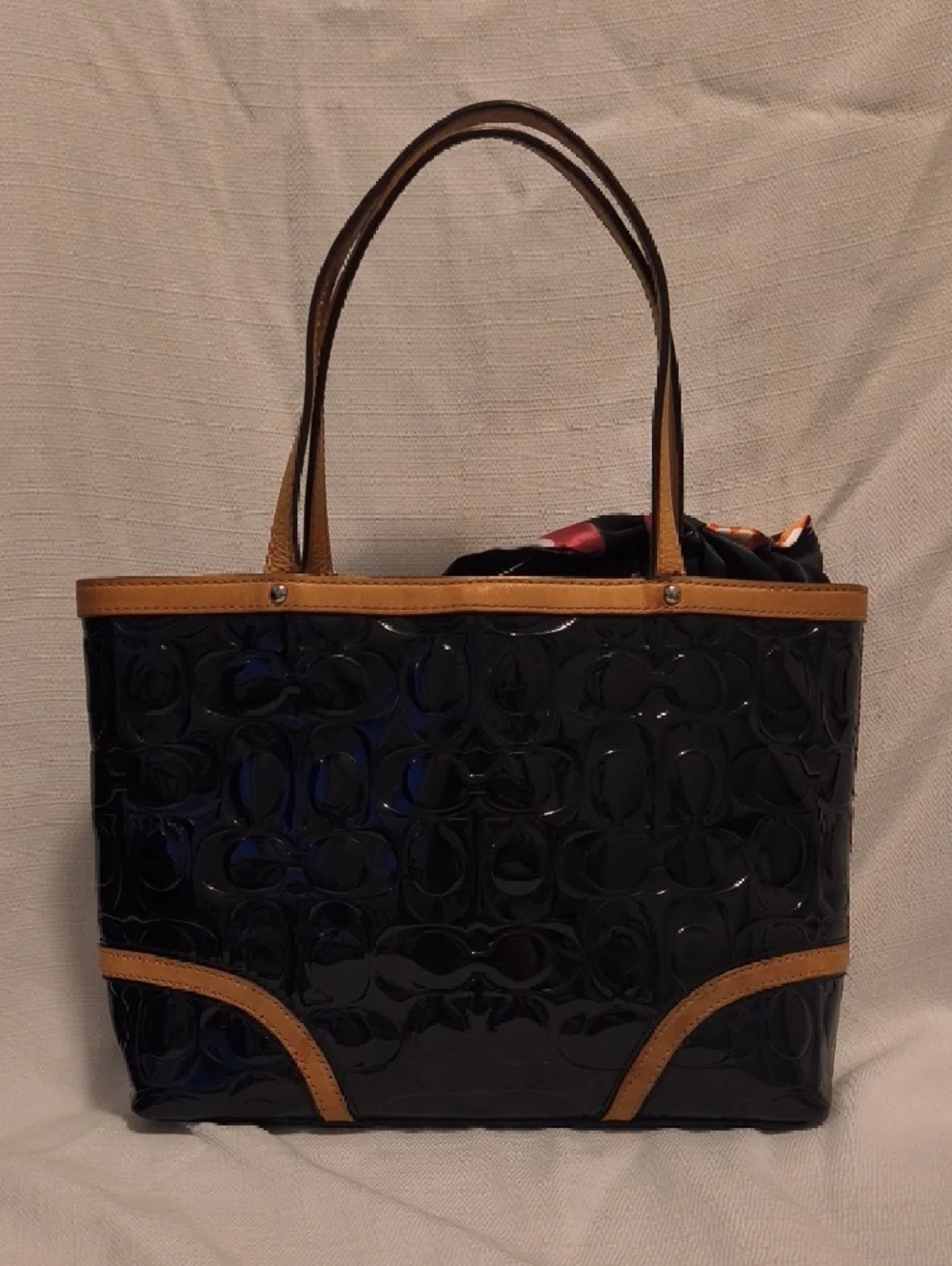 Coach Peyton Black Patent Mini Tote with Tan Trim and Floral Scarf - Picture 3 of 6